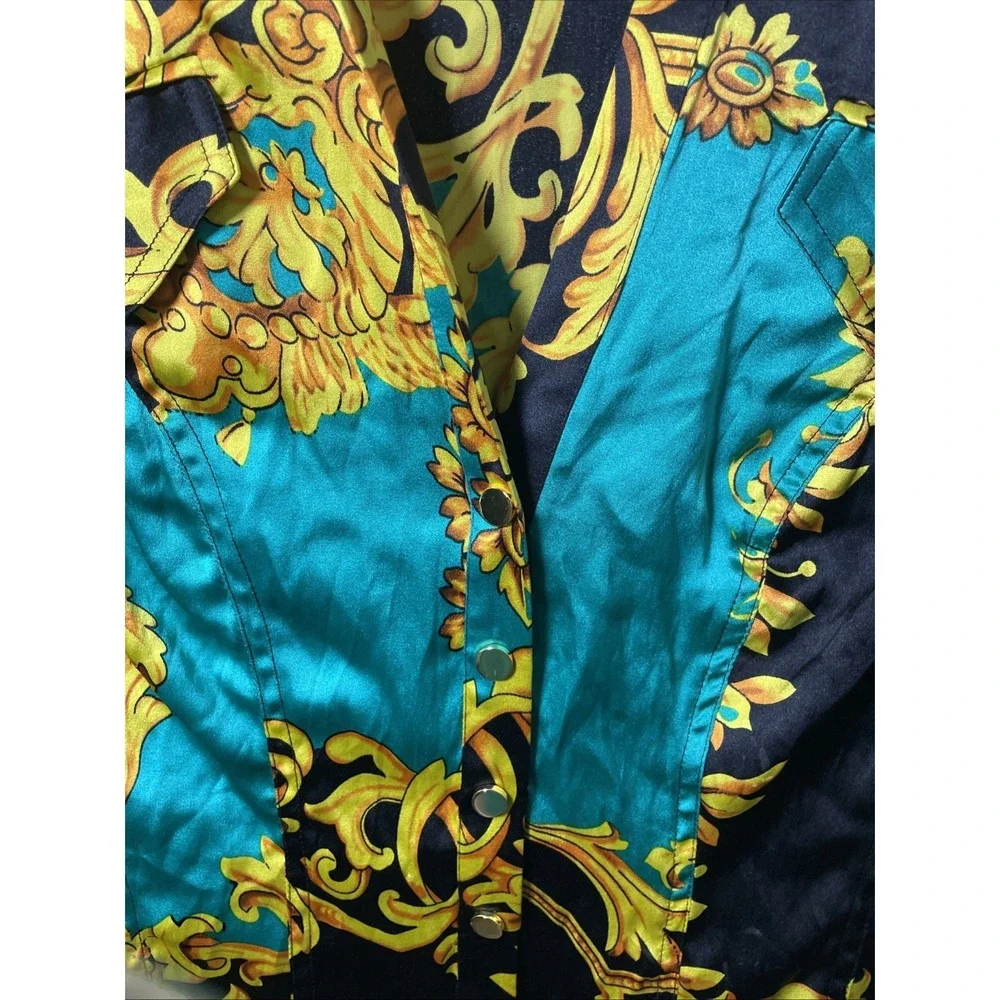CACHE SILK GOLD BAROQUE  PRINT , BUTTON UP COLLARED SHIRT BLOUSE Women's Size XS
